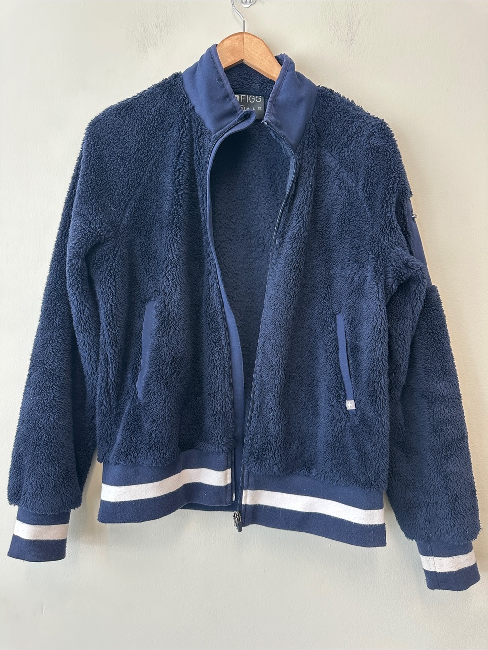 Figs Bafia Navy Fleece Sherpa Jacket with White Stripe Hem